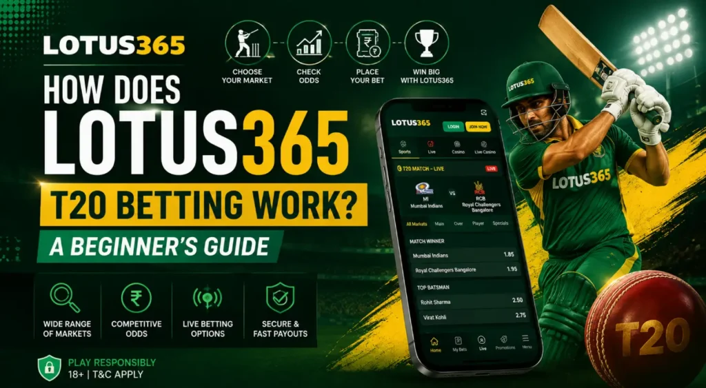 T20 cricket can change in just one over. A quick boundary, sudden wicket, or change in the required run rate can completely alter how a match looks. But how does this fast-changing action translate into T20 betting? Lotus365 T20 betting refers to betting options linked to T20 cricket matches, where users can explore different markets based on match outcomes, team performance, and player events. In this guide, we’ll explain T20 betting odds, pre-match betting, live T20 betting & the key factors to understand before placing a bet. What Is Lotus365 T20 Betting? Lotus365 T20 betting means betting on different outcomes and events in a T20 cricket match. Users may find markets such as match winner, total runs, player performance, and other match-specific events. Match-winner betting focuses on the final result, while event-specific markets focus on individual outcomes during the game. Since T20 matches can change quickly through wickets, boundaries, and run rates, live T20 betting markets and odds can also change rapidly. Which T20 Betting Markets Can You Find on Lotus365? T20 betting can include different markets based on the match result, team performance and individual player events. The exact markets may vary by match, so you should always check the available options on the platform before placing a bet. T20 Betting Market What It Means Match Winner Predict which team will win the match. Toss Winner Predict which team will win the toss. Total Runs Predict whether the match total will be over or under a given line. Team Runs Predict the total runs scored by a specific team. Top Batter Choose the player expected to score the most runs. Top Bowler Choose the player expected to take the most wickets. Over/Session Markets Bet on runs or events during a specific over or match period. Player Markets Bet on selected individual player performances. How Do T20 Betting Odds Work? T20 betting odds show the potential return for a selected outcome. For example, if you place ₹100 at odds of 2.00, the total return would be ₹200, including the original stake. Odds ₹100 Stake Total Return 1.50 ₹100 ₹150 2.00 ₹100 ₹200 3.00 ₹100 ₹300 Odds can change before or during a T20 match as factors such as team performance, wickets, runs, and the match situation change. However, lower odds do not guarantee a win; they generally indicate a lower potential return relative to the stake. Pre-Match vs Live T20 Betting on Lotus365 Pre-Match T20 Betting Live T20 Betting In this, bets are placed before the match begins. Bets are placed while the match is underway. Based on available team and player information. Odds can change as the match develops. Toss and confirmed playing XI may influence the market. Wickets, runs & required run rate can influence the market. How Do Lotus365 T20 Live Betting Odds Change During a Match? Lotus365 T20 live betting odds can change as the match situation develops. In a fast-paced T20 game, events such as an early wicket, strong powerplay scoring, or a change in the required run rate can simply influence the available odds. Key factors include: Early wickets: Losing key batters can change a team's position. Powerplay scoring: A strong or weak start can affect expectations. Required run rate: A rising run rate can change the outlook for the chasing team. Boundaries and sixes: Quick scoring can simply shift the match momentum. Set batter dismissed: Removing an established batter can alter the balance. Bowling changes: A successful bowling change may influence the market. Death-over scoring: Late boundaries can quickly change the expected result. Overall match situation: The score, wickets, overs remaining, and target all matter. Simple example: If a chasing team needs 60 runs from 30 balls with eight wickets in hand, the live market may look different after two quick wickets or a series of boundaries. This is why T20 live odds can move throughout the match. What Should You Check Before T20 Betting? Before you place a T20 bet, you should consider these key factors: Team Form: Recent performances can provide useful context, but they do not guarantee the result. Playing XI: Check the confirmed lineup, especially key batters, bowlers, and all-rounders. Pitch Conditions: Pitch behaviour can affect scoring patterns and bowling effectiveness. Toss Result: The toss can influence whether a team bats or bowls first and its overall approach. Player Form: Recent performances can be useful when assessing player-specific betting markets. Head-to-Head Record: Previous meetings can provide background information but should not be the only factor considered. How to Read a T20 Betting Market Before Placing a Bet? To initiate, you need to simply choose the T20 match you want to explore. Next, select the betting market that interests you, such as match winner, total runs, or player performance. After that, compare the available odds for the different outcomes. Then, make sure you understand what your selected outcome means before proceeding. Next, you need to check your stake amount and the potential return displayed for the selection. Finally, review the match, market, selection, and stake carefully before confirming the bet. How to Bet on T20 Cricket Responsibly? T20 betting should be approached as entertainment rather than a way to make guaranteed income. You should keep these responsible betting practices in mind: Set a Fixed Betting Budget: You should decide how much you can afford to spend and stay within that limit. Do Not Treat Betting as Guaranteed Income: Betting outcomes are uncertain, so avoid depending on them for regular income. Avoid Chasing Losses: Do not increase your stakes simply to recover previous losses. Understand the Market: Know the selected market and odds before placing any bet. Take Breaks When Needed: You need to step away from betting if it starts affecting your time, finances, or daily activities. Follow Local Requirements: Follow the applicable laws, regulations, and minimum age requirements in your location. Conclusion In the above blog, we have explored Lotus365 T20 betting, including major T20 betting markets and how betting odds work. We also covered the difference between pre-match and live T20 betting and explained how match events can influence live odds. Before you place any bet, it is important to consider factors such as team form, playing XI, pitch conditions, and the match situation. Most importantly, you need to understand the market, set clear limits, and follow responsible betting practices. Frequently Asked Questions Q1. Can T20 betting markets change during a match? Ans: Yes. Live T20 betting markets can change as wickets, runs, boundaries, required run rate, and other match events occur. Q2. What do 1.50, 2.00 and 3.00 T20 odds mean? Ans: These numbers represent decimal odds and indicate the potential total return for a given stake. For example, ₹100 at 2.00 odds would show a potential total return of ₹200. Q3. Can I bet on individual T20 players? Ans: Depending on the match and available markets, you may find player-based options such as top batter, top bowler, or other individual performance markets. Q4. Why do T20 betting odds change so quickly? Ans: T20 matches move rapidly, so wickets, boundaries, scoring rates, required runs, and overs remaining can quickly change the match situation and available odds. Q5. What factors can influence T20 betting markets? Ans: Team form, playing XI, pitch conditions, toss result, player form, and the current match situation can all provide useful context when assessing T20 betting markets.
